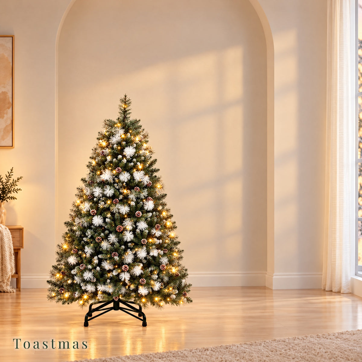 Toastmas Pre-Lit Christmas Tree with Remote & Magic Wand - 4.5 to 11 ft, Warm White & Multicolor LEDs, 11 Light Modes, Snow Flocked, Green & Pine Cone Styles, Easy Assembly