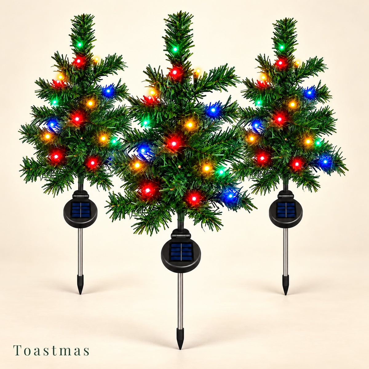 Toastmas Solar Christmas Tree Pathway Lights - Set of 3 or 4, Multicolor LED Mini Trees, Auto On/Off Light Sensor, Waterproof Outdoor Garden, Yard & Walkway Decor