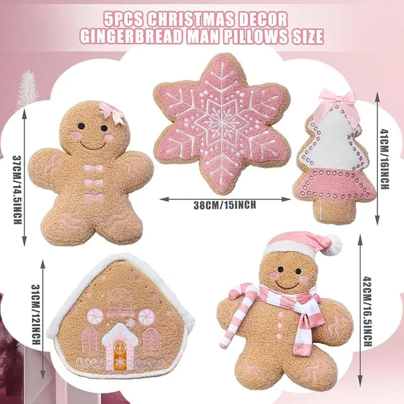 Toastmas Gingerbread Christmas Pillow Set - Plush Gingerbread Boy, Girl, House, Candy Cane & Snowflake Throw Pillows, 3, 4 or 5 Pcs, Cozy Sofa & Bed Holiday Decor, Christmas Gift