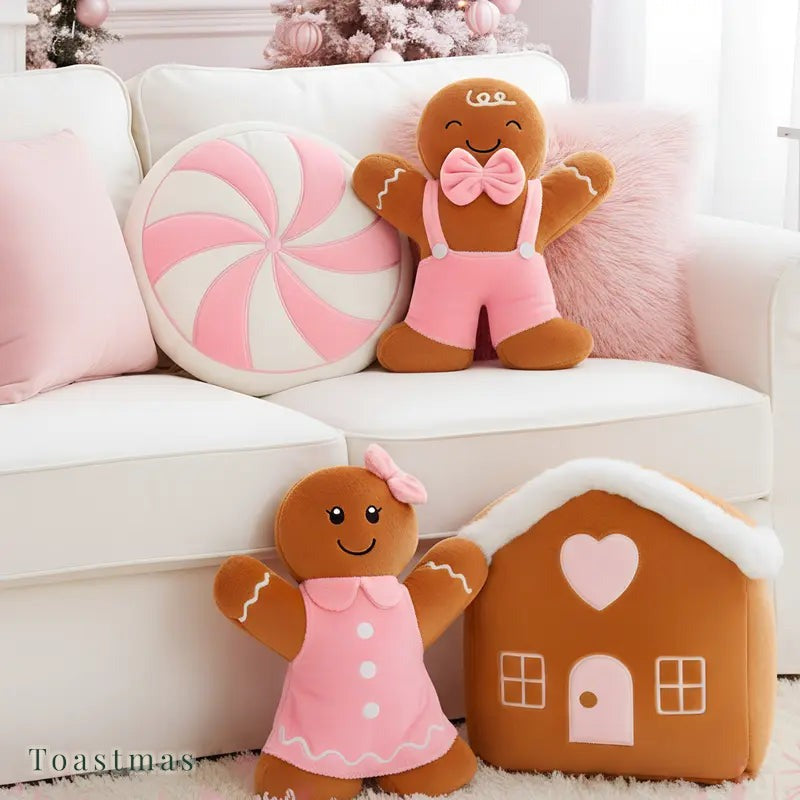 Toastmas Gingerbread Christmas Pillow Set - Plush Gingerbread Boy, Girl, House, Candy Cane & Snowflake Throw Pillows, 3, 4 or 5 Pcs, Cozy Sofa & Bed Holiday Decor, Christmas Gift