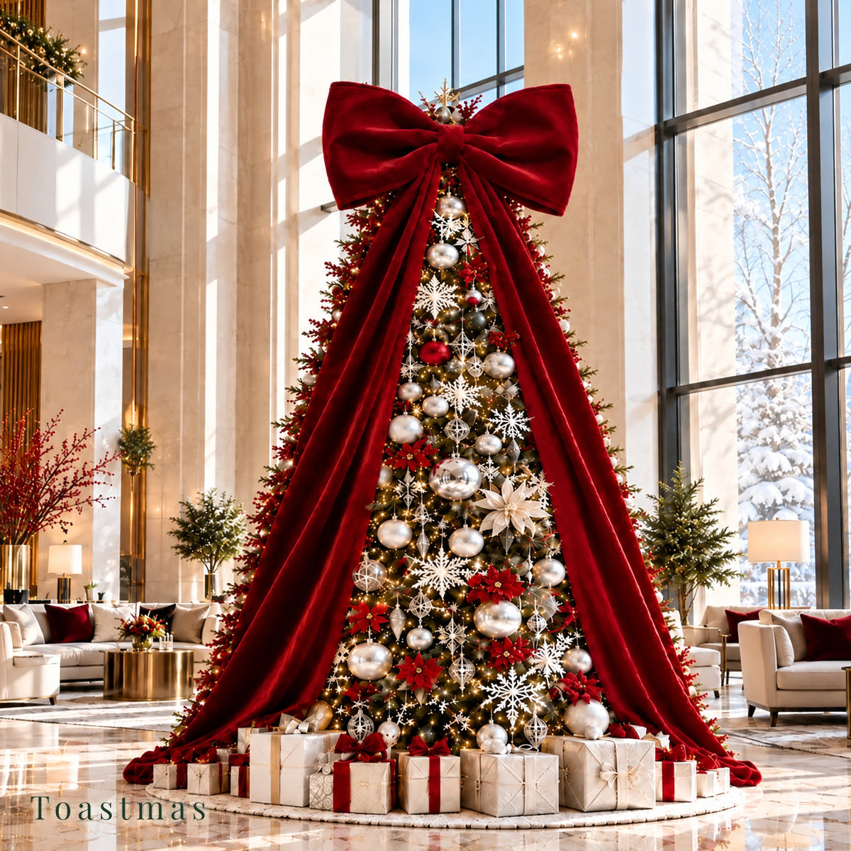 Toastmas Oversized Velvet Christmas Bow - Giant Tree Topper with Long Tails, 5 Sizes, Red, Burgundy & More Colors, for Front Door, Wreath, Mantel & Holiday Decor