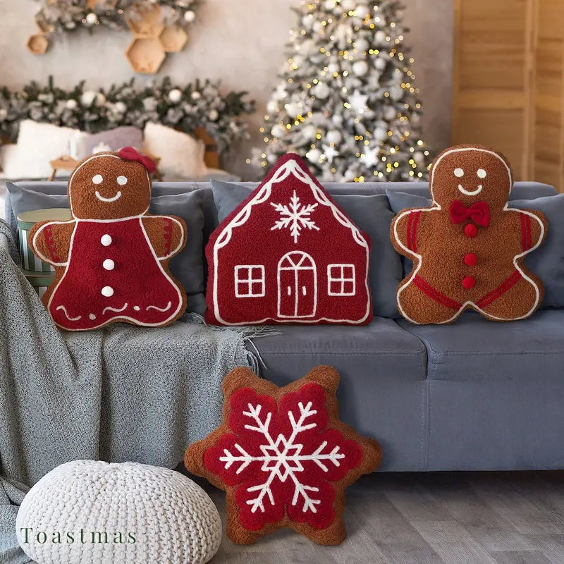 Toastmas Gingerbread Christmas Pillow Set - Plush Gingerbread Boy, Girl, House, Candy Cane & Snowflake Throw Pillows, 3, 4 or 5 Pcs, Cozy Sofa & Bed Holiday Decor, Christmas Gift