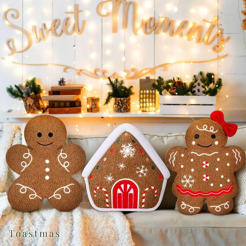 Toastmas Gingerbread Christmas Pillow Set - Plush Gingerbread Boy, Girl, House, Candy Cane & Snowflake Throw Pillows, 3, 4 or 5 Pcs, Cozy Sofa & Bed Holiday Decor, Christmas Gift