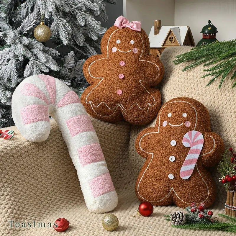 Toastmas Gingerbread Christmas Pillow Set - Plush Gingerbread Boy, Girl, House, Candy Cane & Snowflake Throw Pillows, 3, 4 or 5 Pcs, Cozy Sofa & Bed Holiday Decor, Christmas Gift