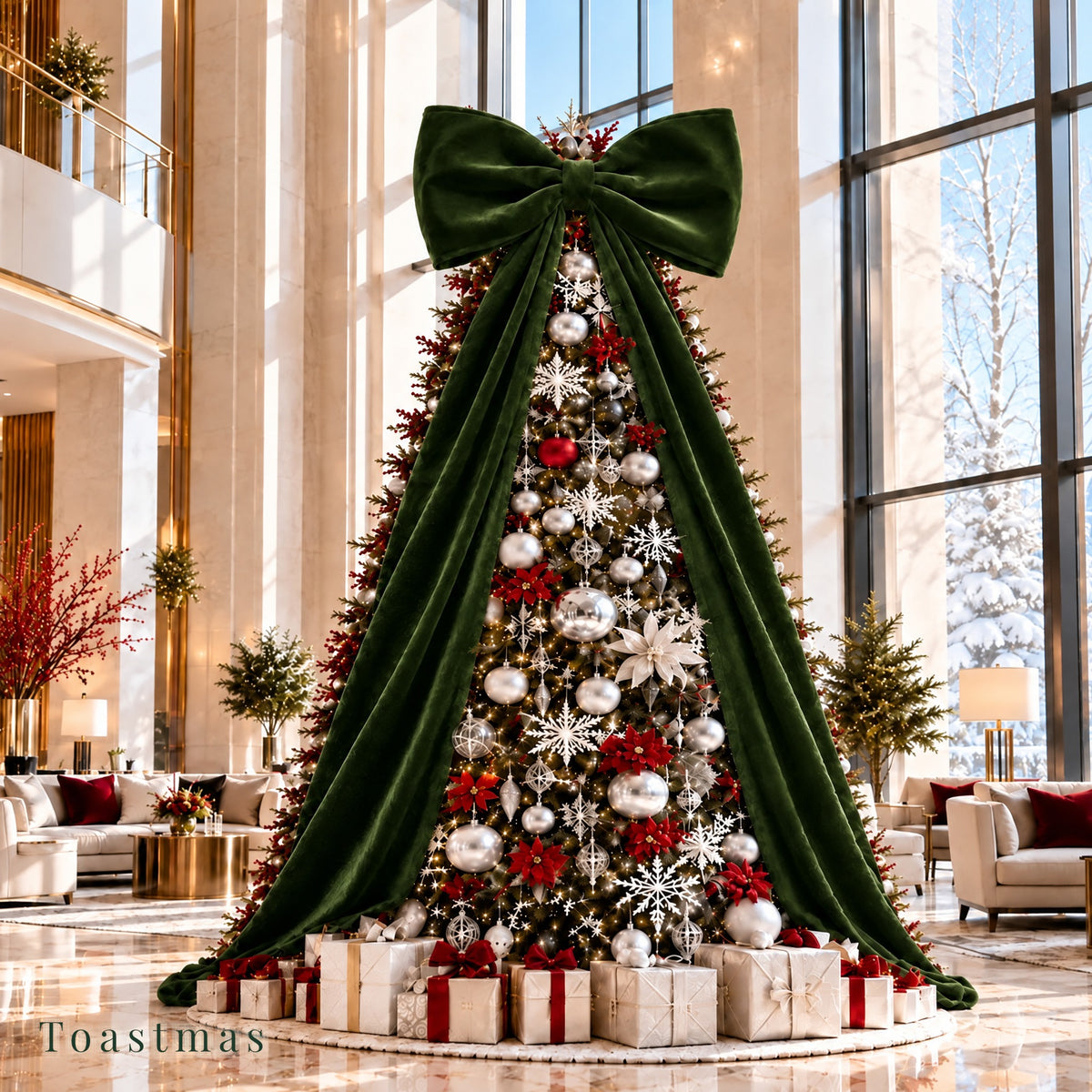 Toastmas Oversized Velvet Christmas Bow - Giant Tree Topper with Long Tails, 5 Sizes, Red, Burgundy & More Colors, for Front Door, Wreath, Mantel & Holiday Decor