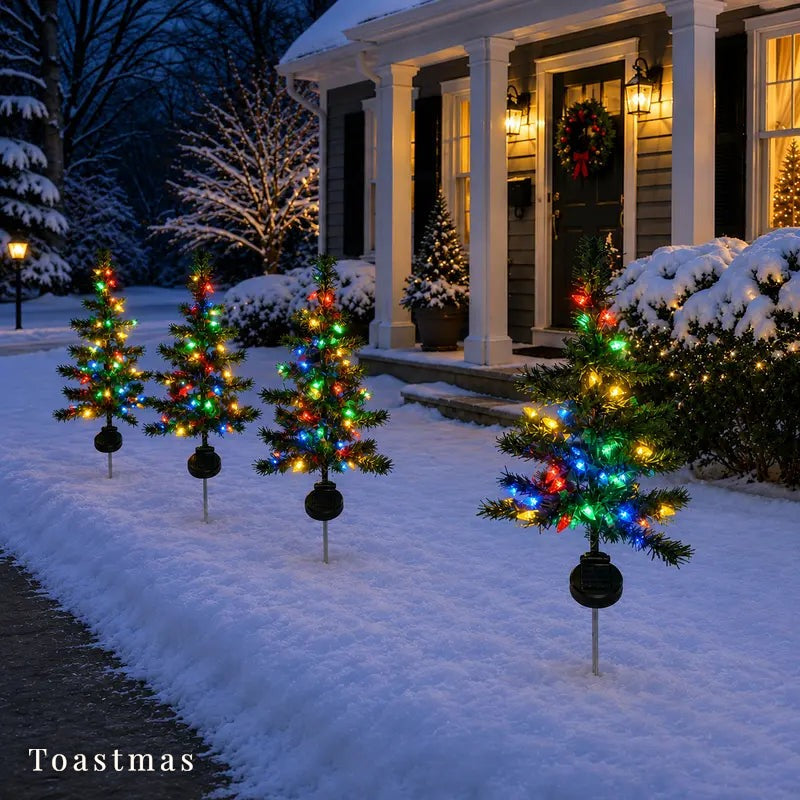 Toastmas Solar Christmas Tree Pathway Lights - Set of 3 or 4, Multicolor LED Mini Trees, Auto On/Off Light Sensor, Waterproof Outdoor Garden, Yard & Walkway Decor