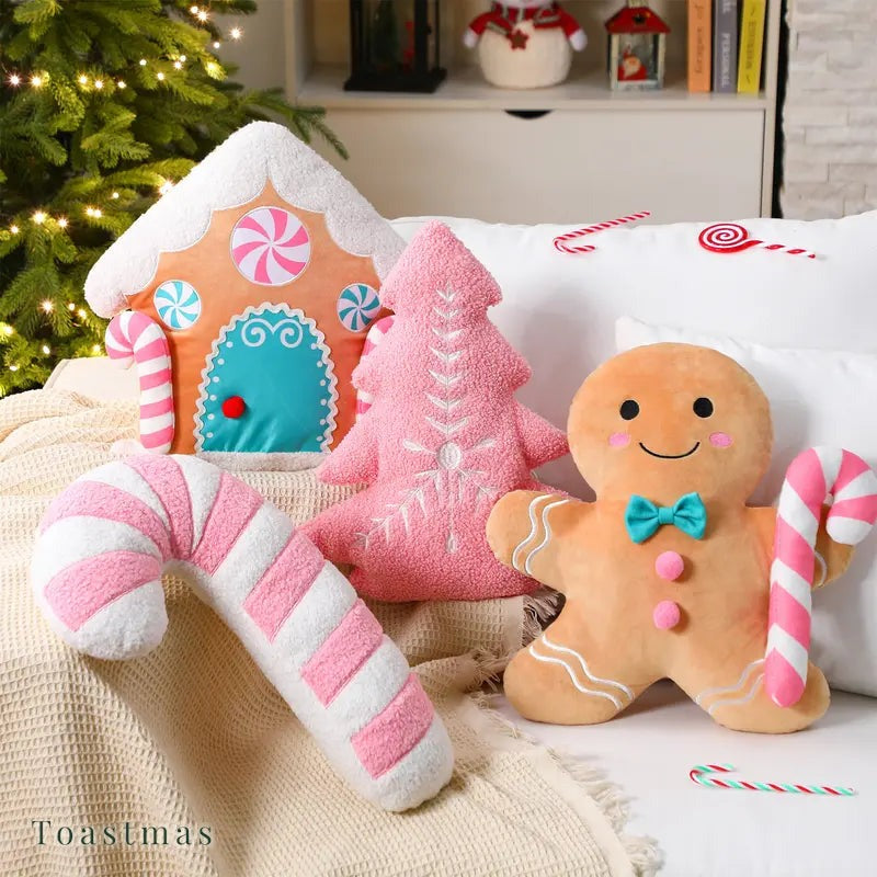 Toastmas Gingerbread Christmas Pillow Set - Plush Gingerbread Boy, Girl, House, Candy Cane & Snowflake Throw Pillows, 3, 4 or 5 Pcs, Cozy Sofa & Bed Holiday Decor, Christmas Gift