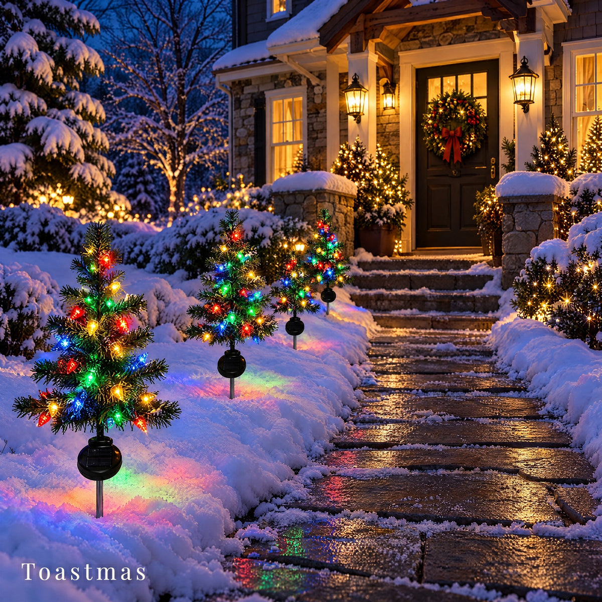 Toastmas Solar Christmas Tree Pathway Lights - Set of 3 or 4, Multicolor LED Mini Trees, Auto On/Off Light Sensor, Waterproof Outdoor Garden, Yard & Walkway Decor