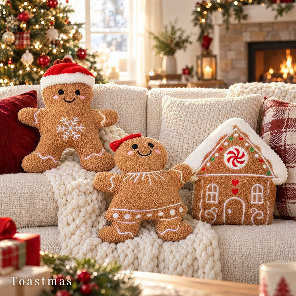 Toastmas Gingerbread Christmas Pillow Set - Plush Gingerbread Boy, Girl, House, Candy Cane & Snowflake Throw Pillows, 3, 4 or 5 Pcs, Cozy Sofa & Bed Holiday Decor, Christmas Gift