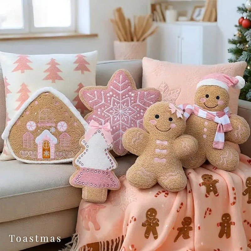 Toastmas Gingerbread Christmas Pillow Set - Plush Gingerbread Boy, Girl, House, Candy Cane & Snowflake Throw Pillows, 3, 4 or 5 Pcs, Cozy Sofa & Bed Holiday Decor, Christmas Gift