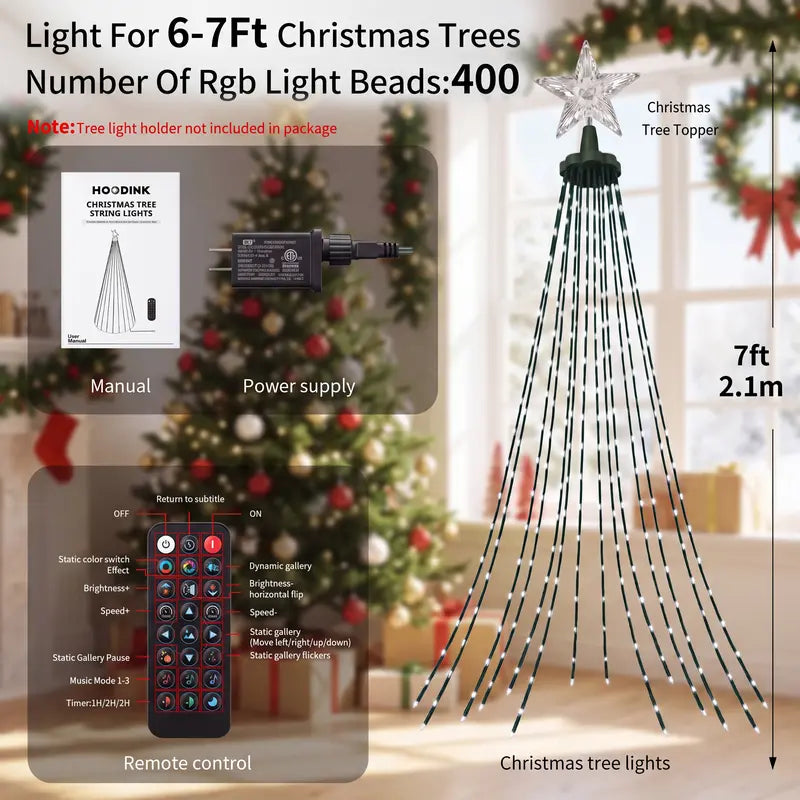 Toastmas Smart LED Christmas Tree Lights - 7 ft Treeless RGB Light Tree with App & Remote Control, 400 LEDs, 11 Modes, Music Sync, Timer, Indoor & Outdoor Holiday Decor