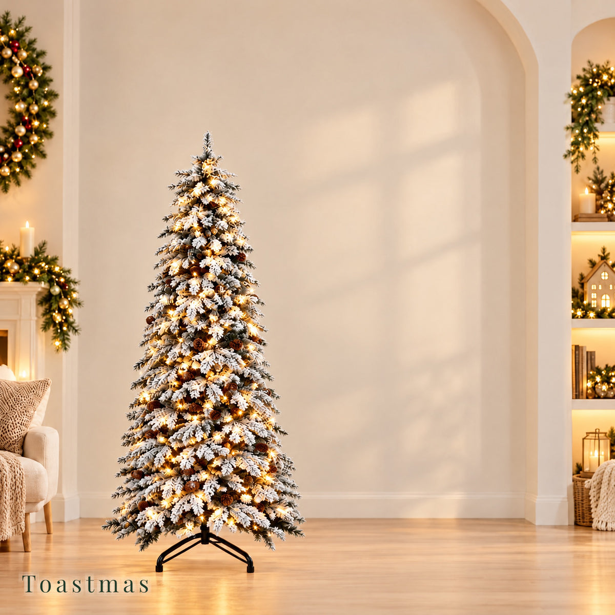 Toastmas Pre-Lit Christmas Tree with Remote & Magic Wand - 4.5 to 11 ft, Warm White & Multicolor LEDs, 11 Light Modes, Snow Flocked, Green & Pine Cone Styles, Easy Assembly