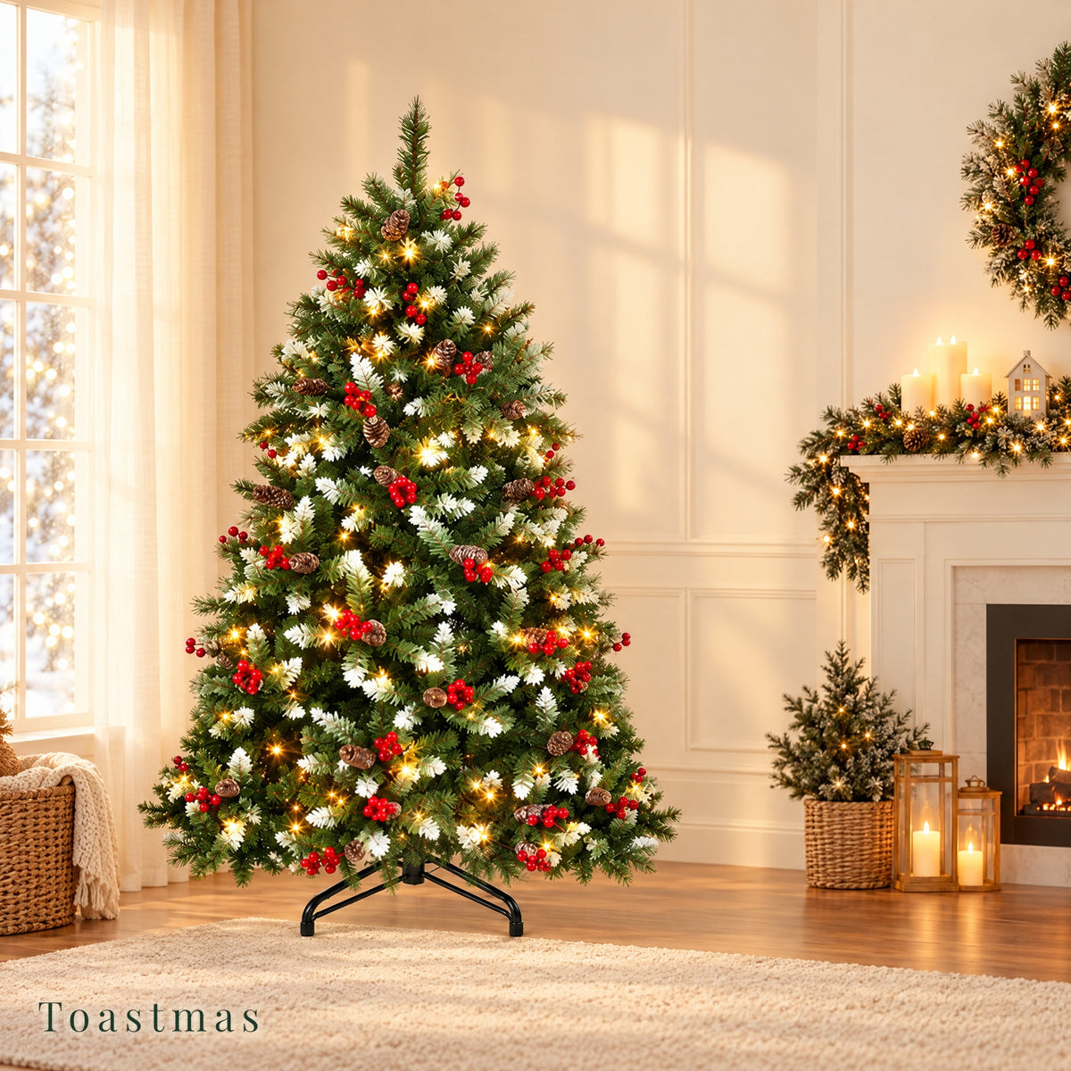 Toastmas Pre-Lit Christmas Tree with Remote & Magic Wand - 4.5 to 11 ft, Warm White & Multicolor LEDs, 11 Light Modes, Snow Flocked, Green & Pine Cone Styles, Easy Assembly