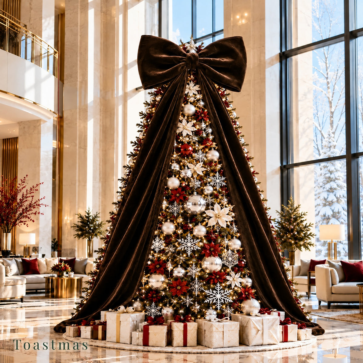 Toastmas Oversized Velvet Christmas Bow - Giant Tree Topper with Long Tails, 5 Sizes, Red, Burgundy & More Colors, for Front Door, Wreath, Mantel & Holiday Decor