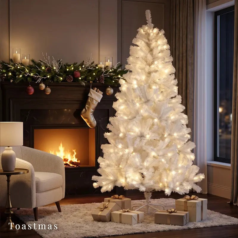 Sweetcrispy Pre-Lit Snow-Flocked Artificial Christmas Tree - LED Lighted, 250 Warm-Toned LED Lights, 8 Modes, Full Branches for Decor, Heavy Metal Foldable Stand, Christmas Room Decor, Mood Lighting, Home Holiday Supplies