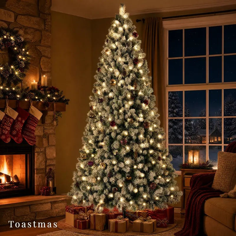 Sweetcrispy Pre-Lit Snow-Flocked Artificial Christmas Tree - LED Lighted, 250 Warm-Toned LED Lights, 8 Modes, Full Branches for Decor, Heavy Metal Foldable Stand, Christmas Room Decor, Mood Lighting, Home Holiday Supplies