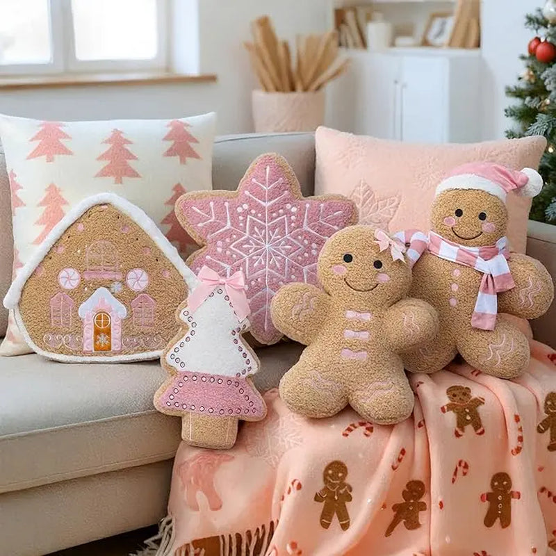 Toastmas Gingerbread Christmas Pillow Set - Plush Gingerbread Boy, Girl, House, Candy Cane & Snowflake Throw Pillows, 3, 4 or 5 Pcs, Cozy Sofa & Bed Holiday Decor, Christmas Gift