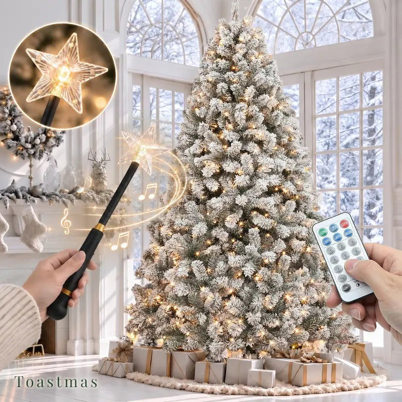 Toastmas Pre-Lit Christmas Tree with Remote & Magic Wand - 4.5 to 11 ft, Warm White & Multicolor LEDs, 11 Light Modes, Snow Flocked, Green & Pine Cone Styles, Easy Assembly