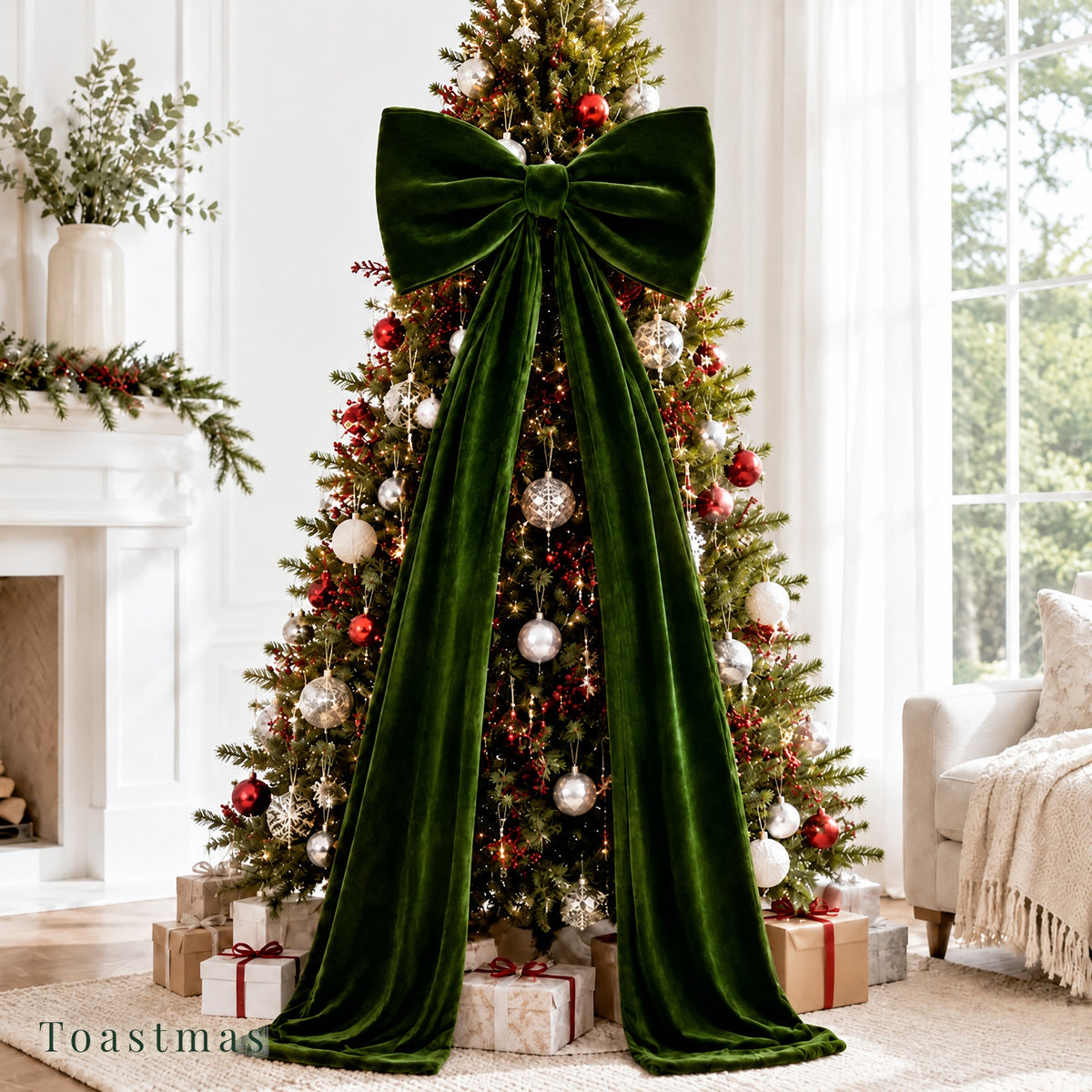 Toastmas Oversized Velvet Christmas Bow - Giant Tree Topper with Long Tails, 5 Sizes, Red, Burgundy & More Colors, for Front Door, Wreath, Mantel & Holiday Decor