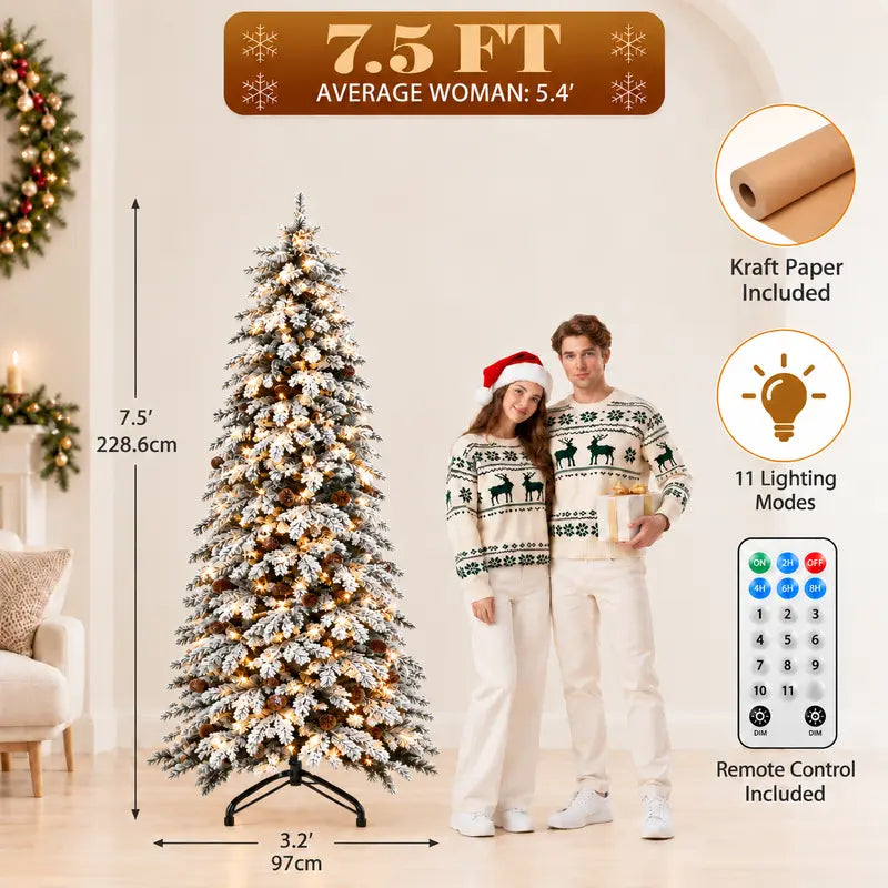 Toastmas Pre-Lit Christmas Tree with Remote & Magic Wand - 4.5 to 11 ft, Warm White & Multicolor LEDs, 11 Light Modes, Snow Flocked, Green & Pine Cone Styles, Easy Assembly