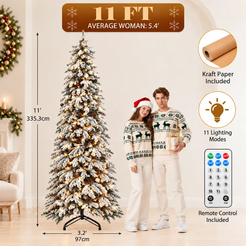 Toastmas Pre-Lit Christmas Tree with Remote & Magic Wand - 4.5 to 11 ft, Warm White & Multicolor LEDs, 11 Light Modes, Snow Flocked, Green & Pine Cone Styles, Easy Assembly