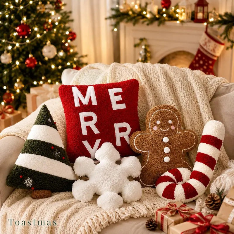 Toastmas Gingerbread Christmas Pillow Set - Plush Gingerbread Boy, Girl, House, Candy Cane & Snowflake Throw Pillows, 3, 4 or 5 Pcs, Cozy Sofa & Bed Holiday Decor, Christmas Gift