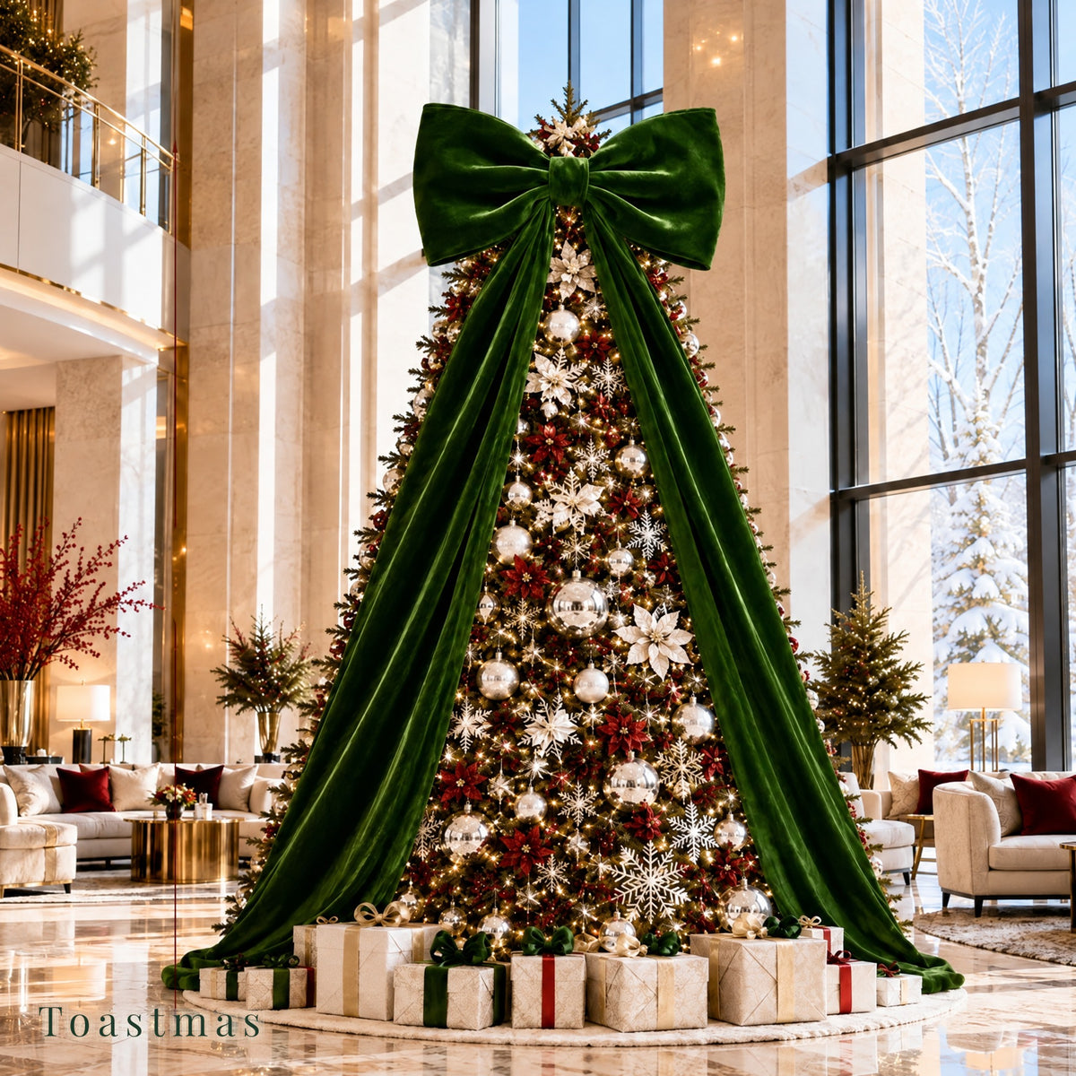 Toastmas Oversized Velvet Christmas Bow - Giant Tree Topper with Long Tails, 5 Sizes, Red, Burgundy & More Colors, for Front Door, Wreath, Mantel & Holiday Decor
