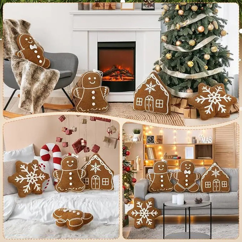 Toastmas Gingerbread Christmas Pillow Set - Plush Gingerbread Boy, Girl, House, Candy Cane & Snowflake Throw Pillows, 3, 4 or 5 Pcs, Cozy Sofa & Bed Holiday Decor, Christmas Gift