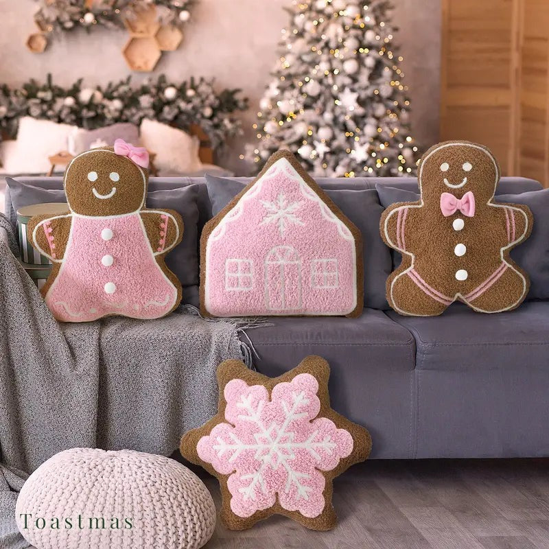 Toastmas Gingerbread Christmas Pillow Set - Plush Gingerbread Boy, Girl, House, Candy Cane & Snowflake Throw Pillows, 3, 4 or 5 Pcs, Cozy Sofa & Bed Holiday Decor, Christmas Gift