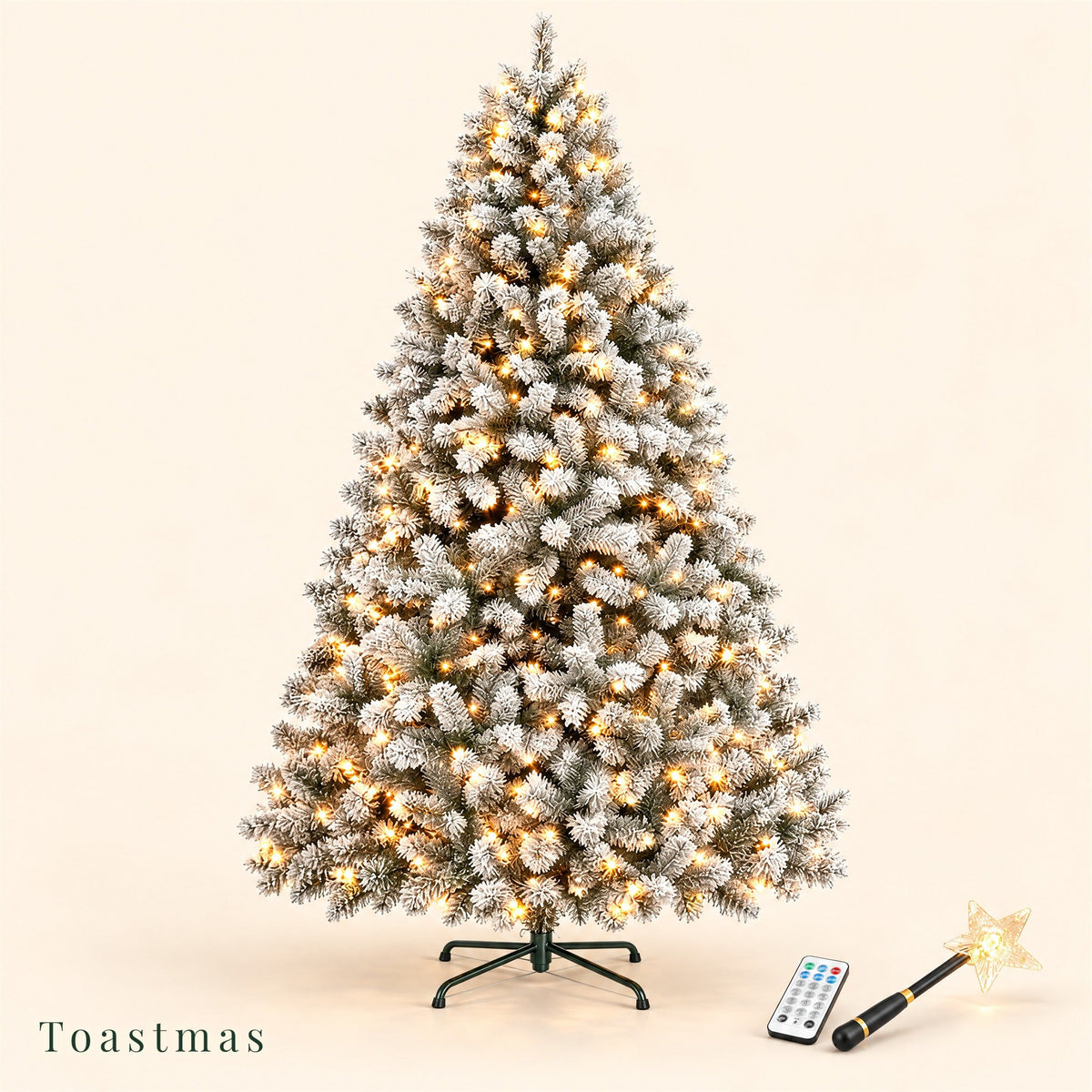 Toastmas Pre-Lit Christmas Tree with Remote & Magic Wand - 4.5 to 11 ft, Warm White & Multicolor LEDs, 11 Light Modes, Snow Flocked, Green & Pine Cone Styles, Easy Assembly