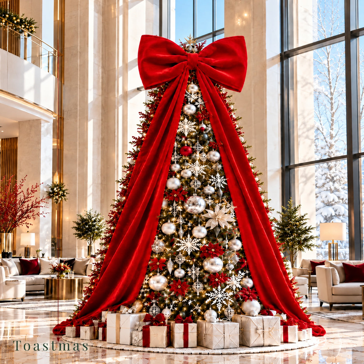 Toastmas Oversized Velvet Christmas Bow - Giant Tree Topper with Long Tails, 5 Sizes, Red, Burgundy & More Colors, for Front Door, Wreath, Mantel & Holiday Decor