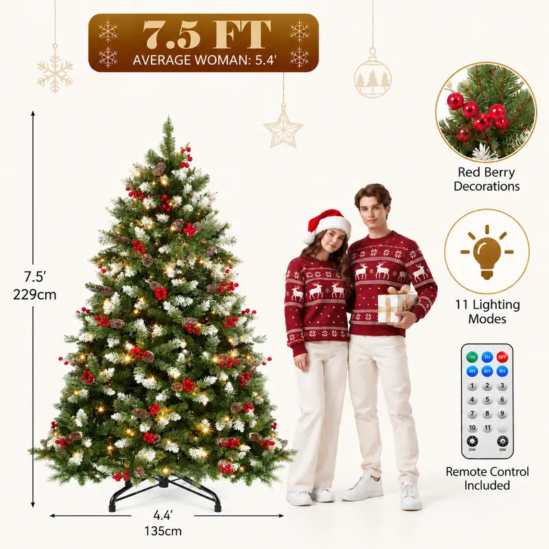 Toastmas Pre-Lit Christmas Tree with Remote & Magic Wand - 4.5 to 11 ft, Warm White & Multicolor LEDs, 11 Light Modes, Snow Flocked, Green & Pine Cone Styles, Easy Assembly