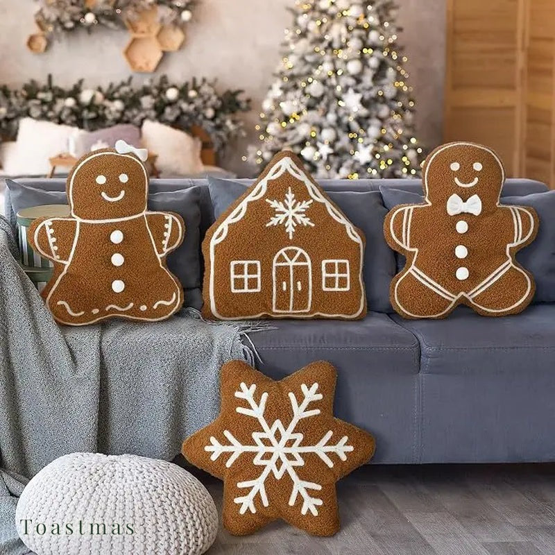 Toastmas Gingerbread Christmas Pillow Set - Plush Gingerbread Boy, Girl, House, Candy Cane & Snowflake Throw Pillows, 3, 4 or 5 Pcs, Cozy Sofa & Bed Holiday Decor, Christmas Gift