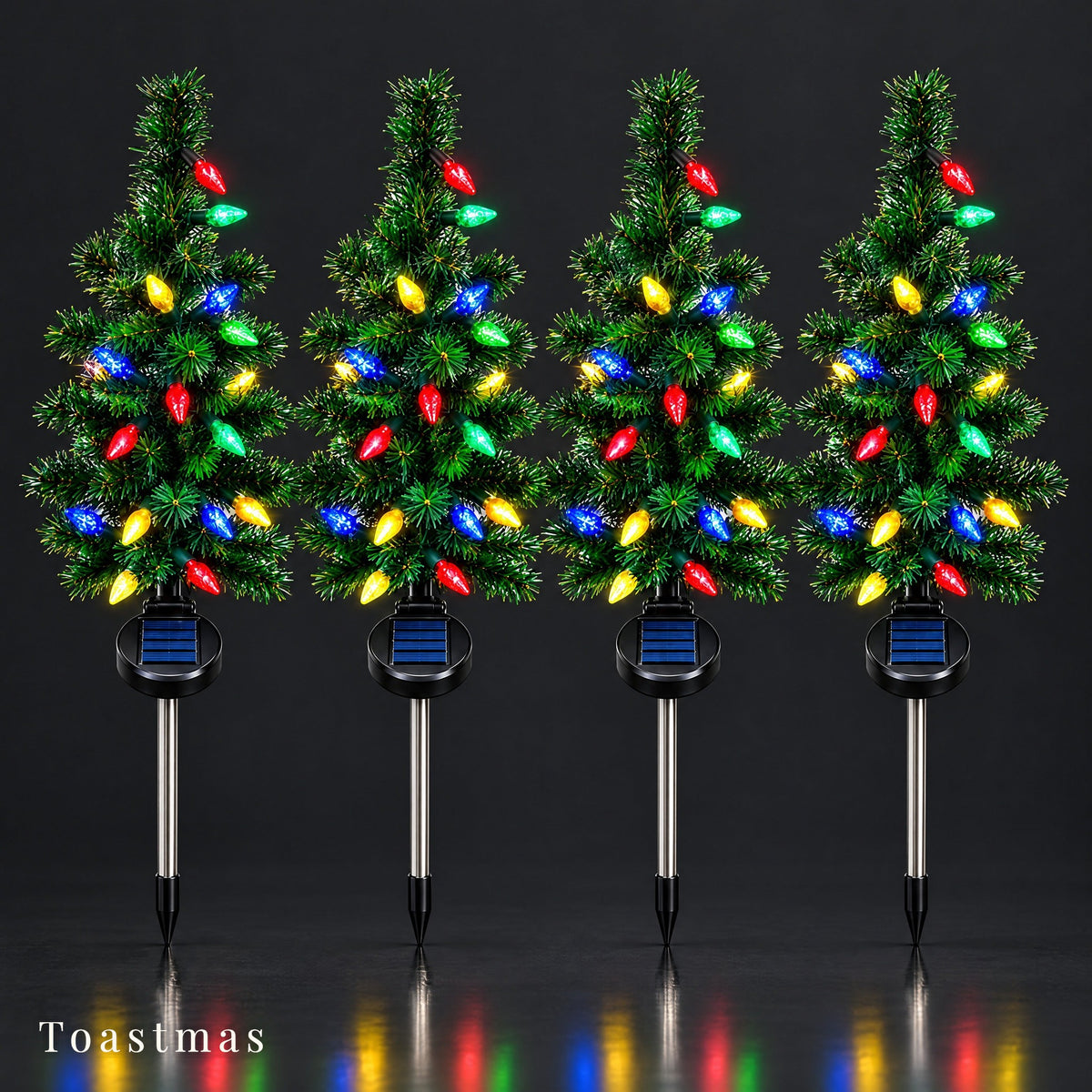 Toastmas Solar Christmas Tree Pathway Lights - Set of 3 or 4, Multicolor LED Mini Trees, Auto On/Off Light Sensor, Waterproof Outdoor Garden, Yard & Walkway Decor