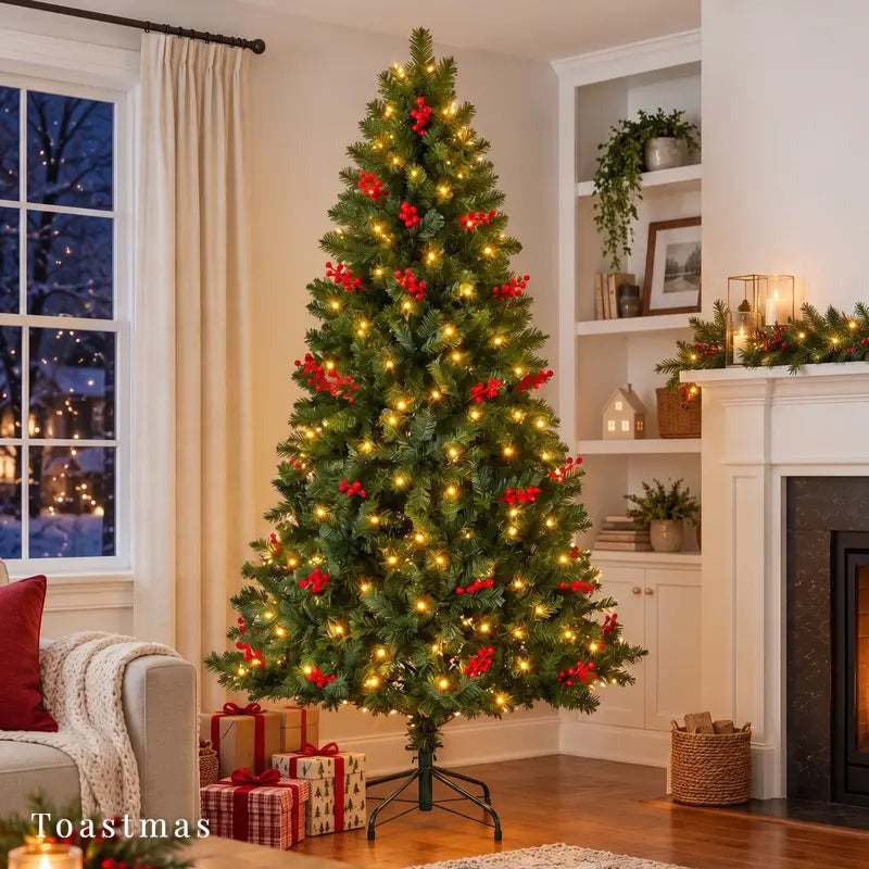 Sweetcrispy Pre-Lit Snow-Flocked Artificial Christmas Tree - LED Lighted, 250 Warm-Toned LED Lights, 8 Modes, Full Branches for Decor, Heavy Metal Foldable Stand, Christmas Room Decor, Mood Lighting, Home Holiday Supplies