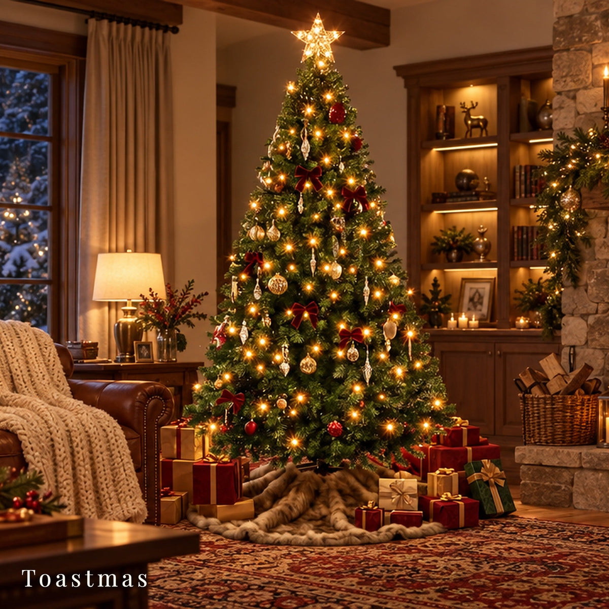 Toastmas Pre-Lit Snow-Flocked Artificial Christmas Tree - LED Lighted, 250 Warm-Toned LED Lights, 8 Modes, Full Branches for Decor, Heavy Metal Foldable Stand, Christmas Room Decor, Mood Lighting, Home Holiday Supplies