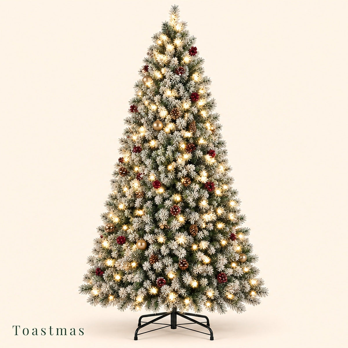 Toastmas Pre-Lit Snow-Flocked Artificial Christmas Tree - LED Lighted, 250 Warm-Toned LED Lights, 8 Modes, Full Branches for Decor, Heavy Metal Foldable Stand, Christmas Room Decor, Mood Lighting, Home Holiday Supplies