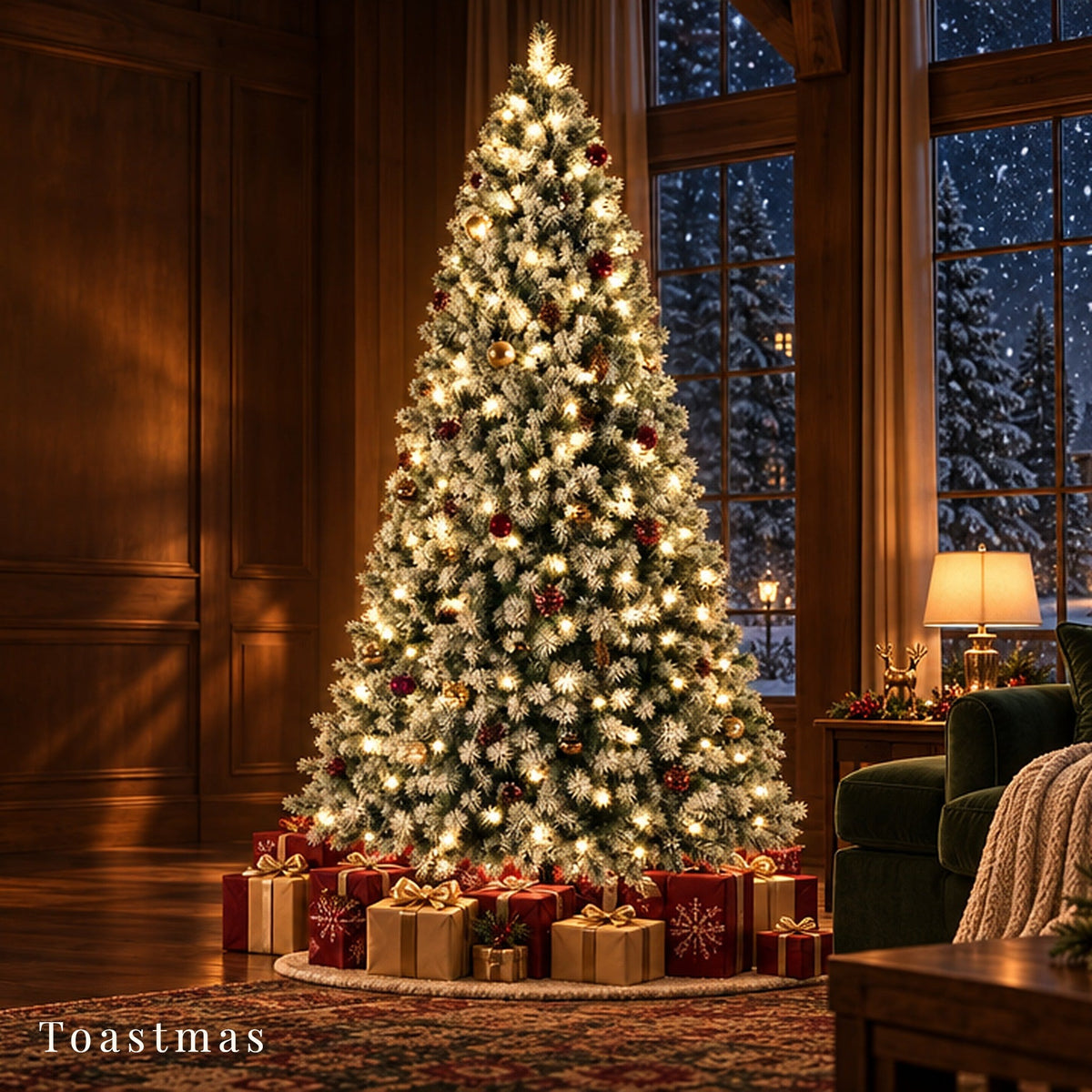 Toastmas Pre-Lit Snow-Flocked Artificial Christmas Tree - LED Lighted, 250 Warm-Toned LED Lights, 8 Modes, Full Branches for Decor, Heavy Metal Foldable Stand, Christmas Room Decor, Mood Lighting, Home Holiday Supplies