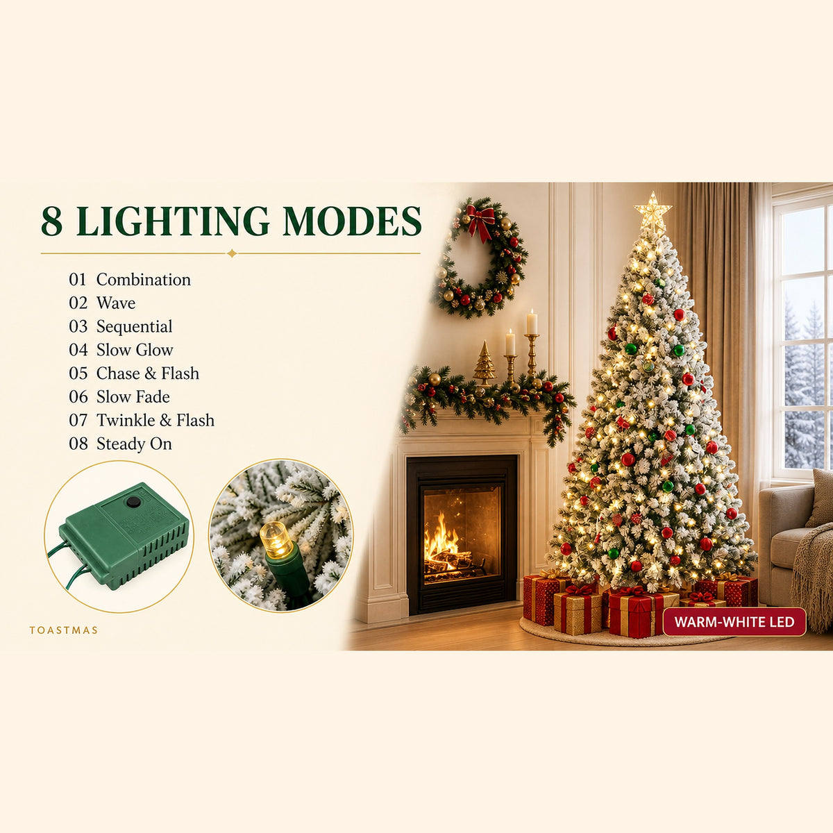 Toastmas Pre-Lit Snow-Flocked Artificial Christmas Tree - LED Lighted, 250 Warm-Toned LED Lights, 8 Modes, Full Branches for Decor, Heavy Metal Foldable Stand, Christmas Room Decor, Mood Lighting, Home Holiday Supplies