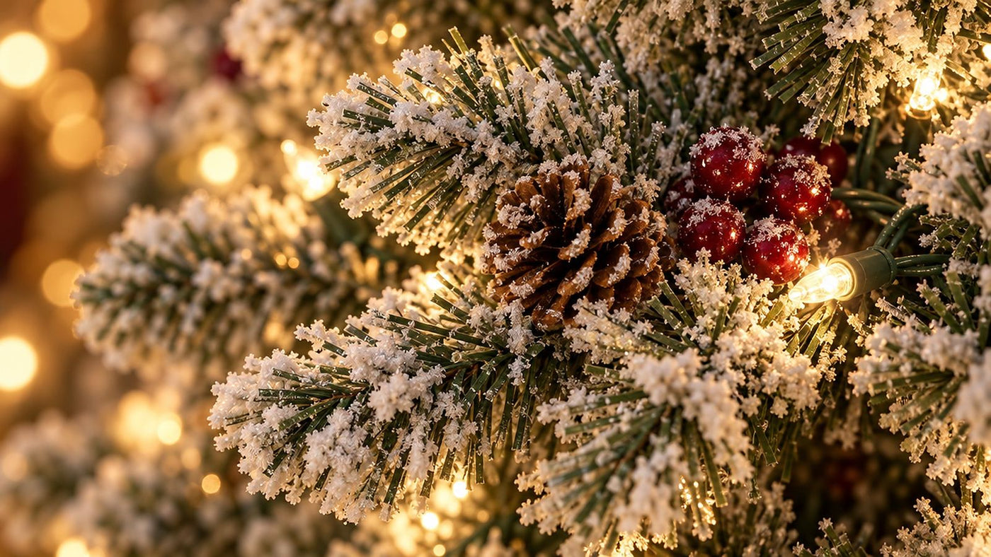Close-up of warm-white LEDs inside the snow-flocked branches