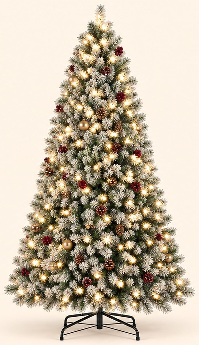 Toastmas Pre-Lit Snow-Flocked Artificial Christmas Tree - LED Lighted, 250 Warm-Toned LED Lights, 8 Modes, Full Branches for Decor, Heavy Metal Foldable Stand, Christmas Room Decor, Mood Lighting, Home Holiday Supplies